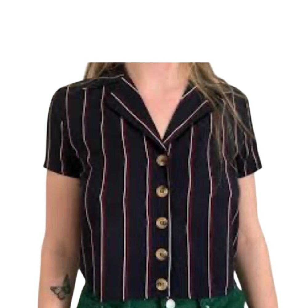 Lottie Moss Navy Pinstriped button down crop top sz Med